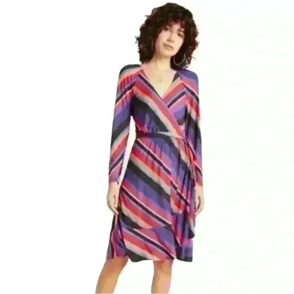 Maeve Anthropologie Angelique Striped Long Sleeve Midi Wrap Dress. Size Large - Picture 1 of 9